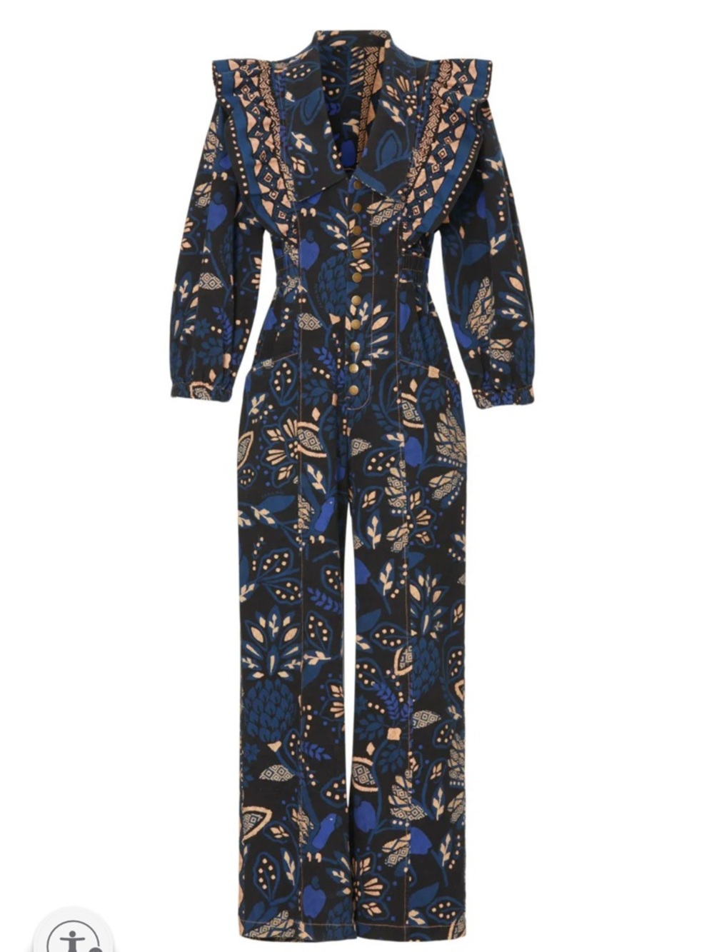 FARM Rio Macaw Forest Navy Black Beige Floral Ruffle-Collar Jumpsuit M
